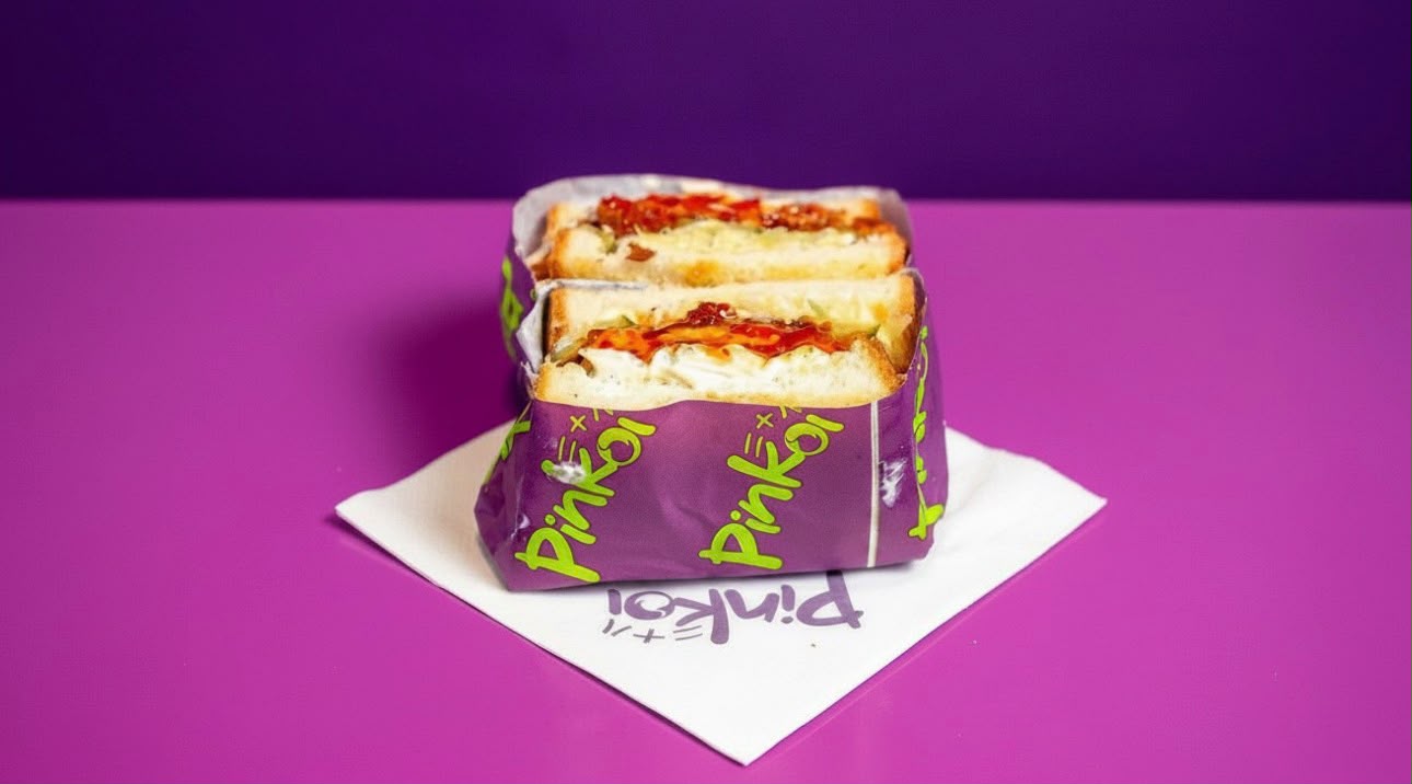 Hot Honey sando — crispy chicken with hot honey glaze in Pinkoi wrap