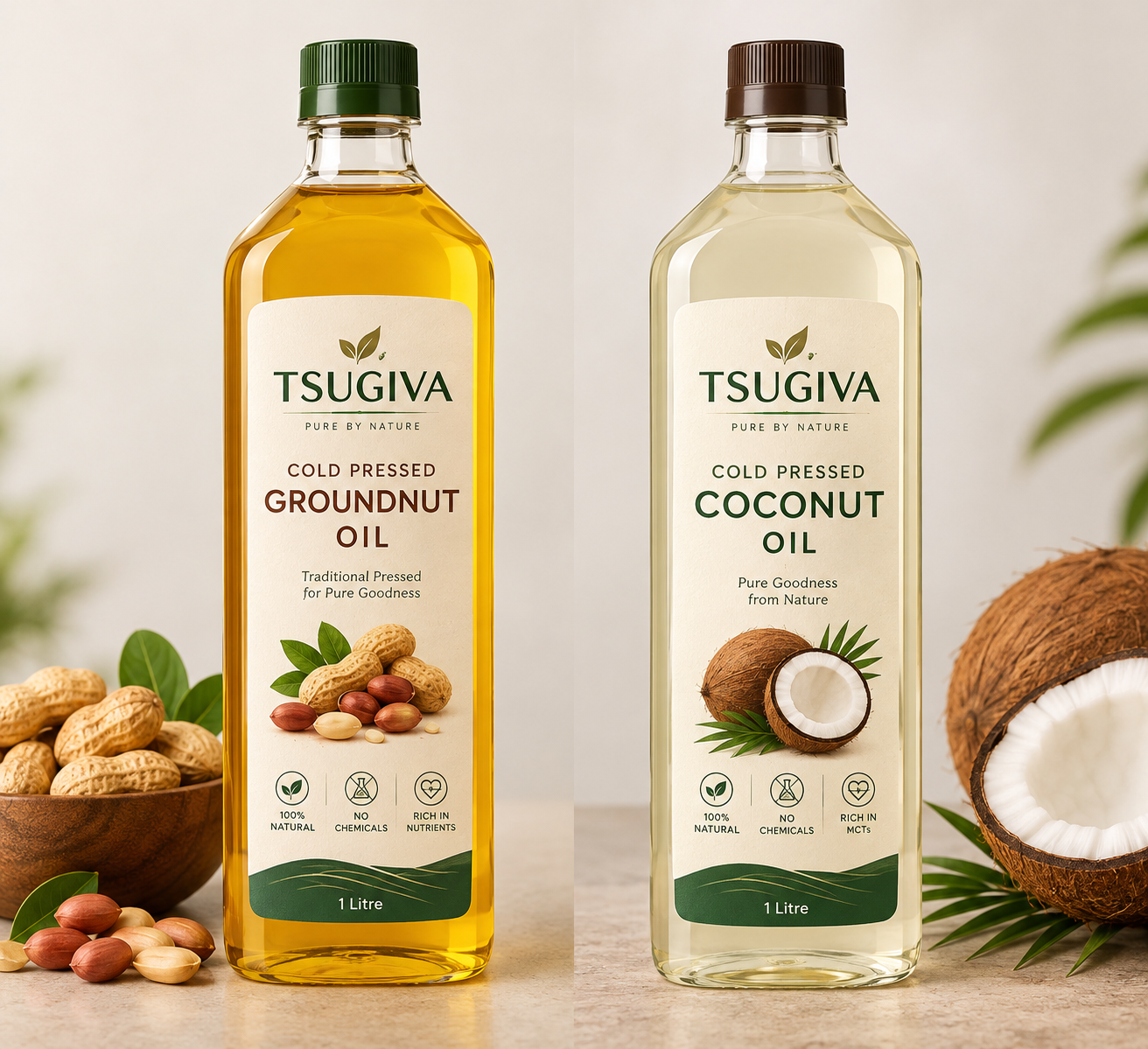 Tsugiva cold pressed groundnut and coconut oil bottles
