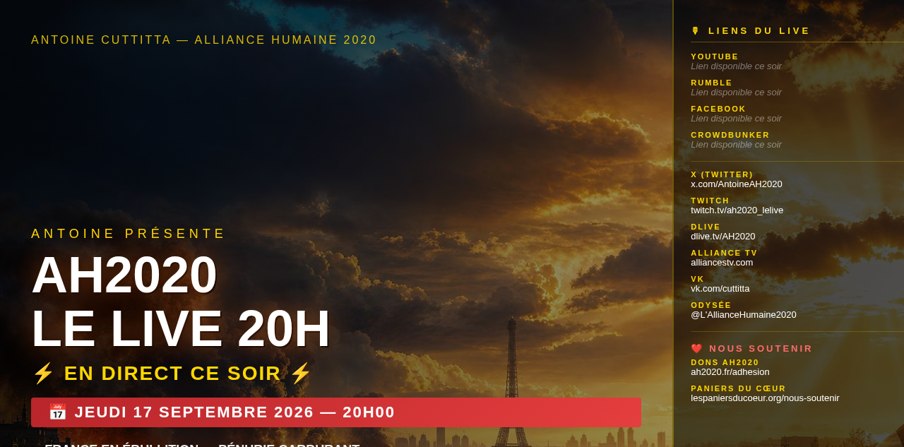 🔴 LIVE CE SOIR 20H00 — 17 Septembre 2026 | Alliance Humaine 2020